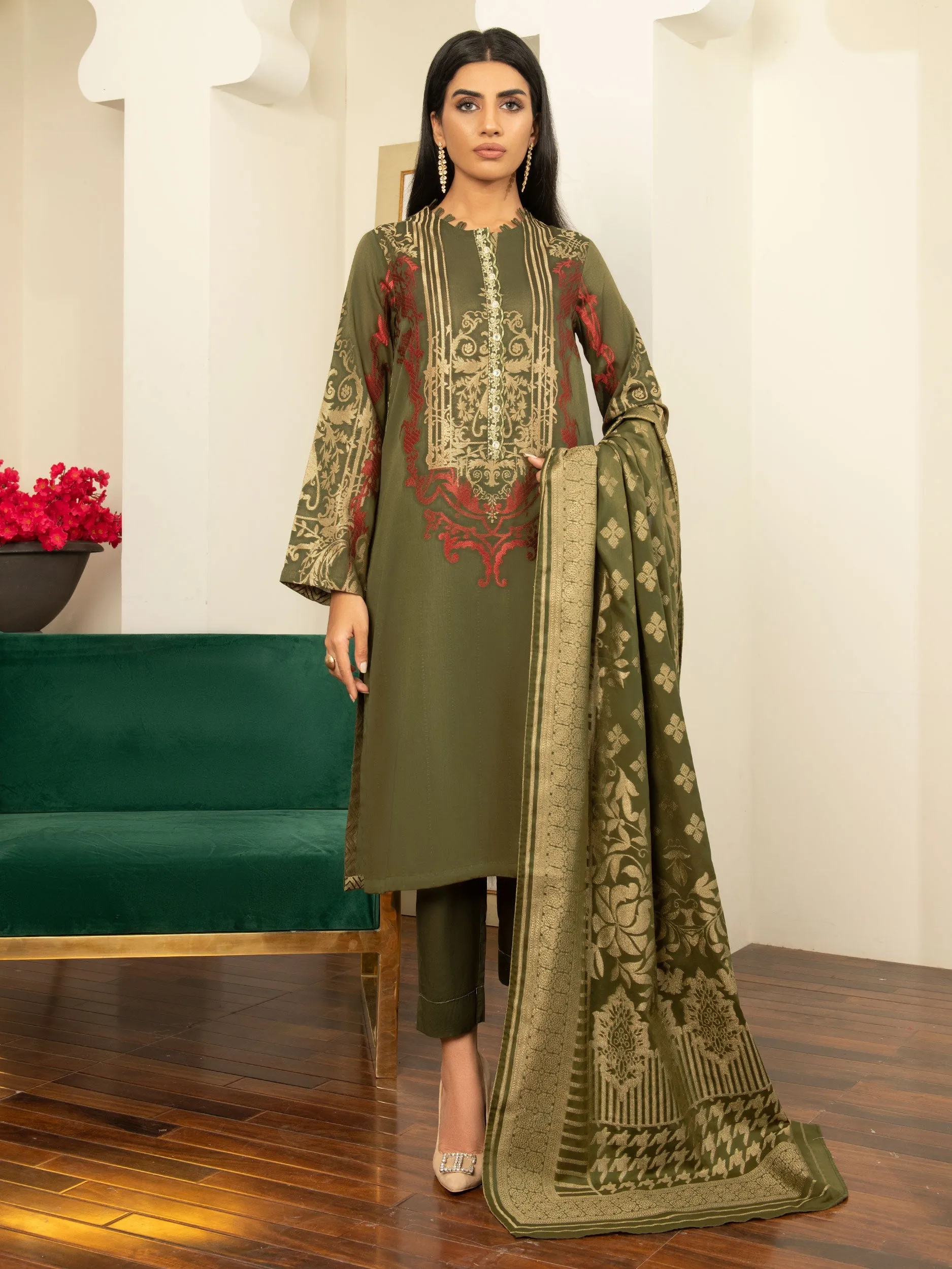 3 Piece Embroidered Jacquard Suit