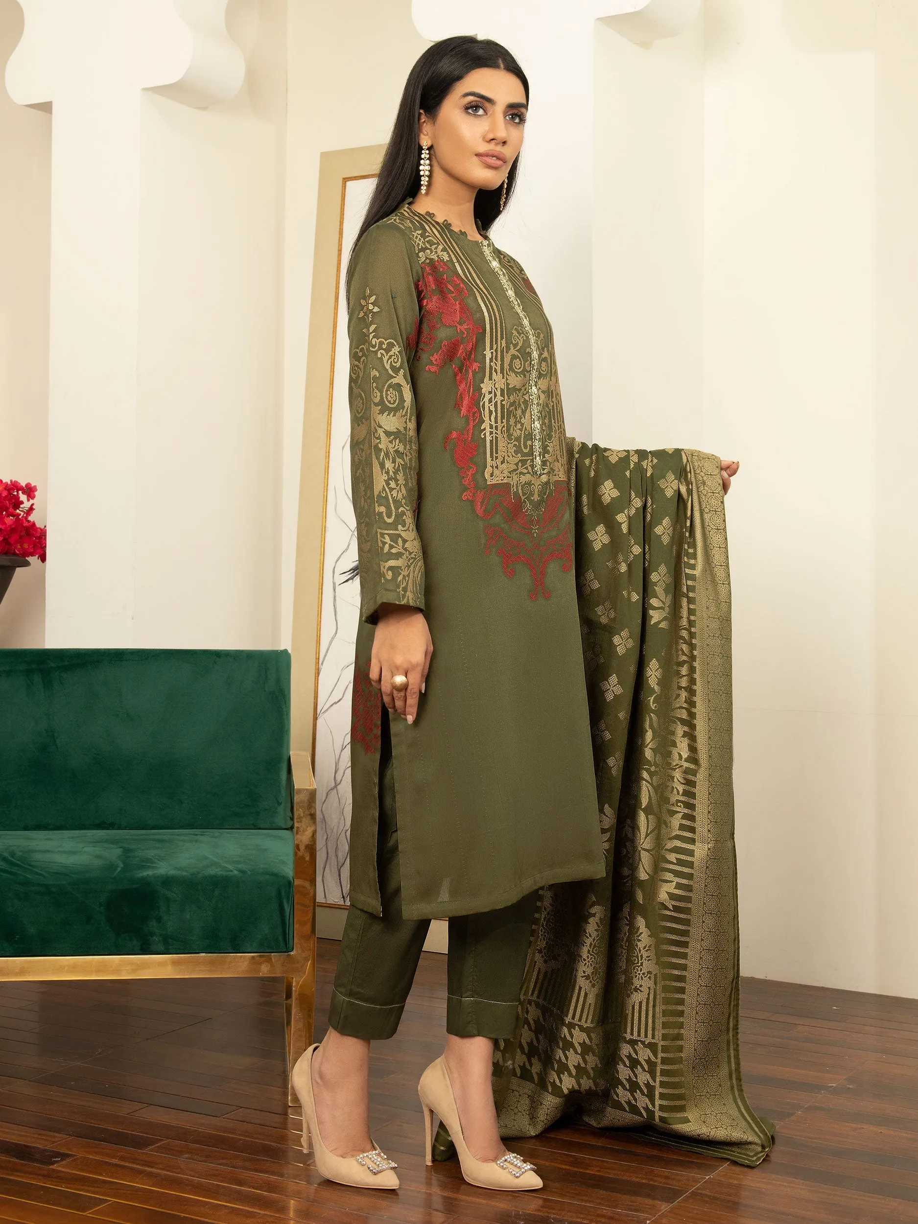 3 Piece Embroidered Jacquard Suit