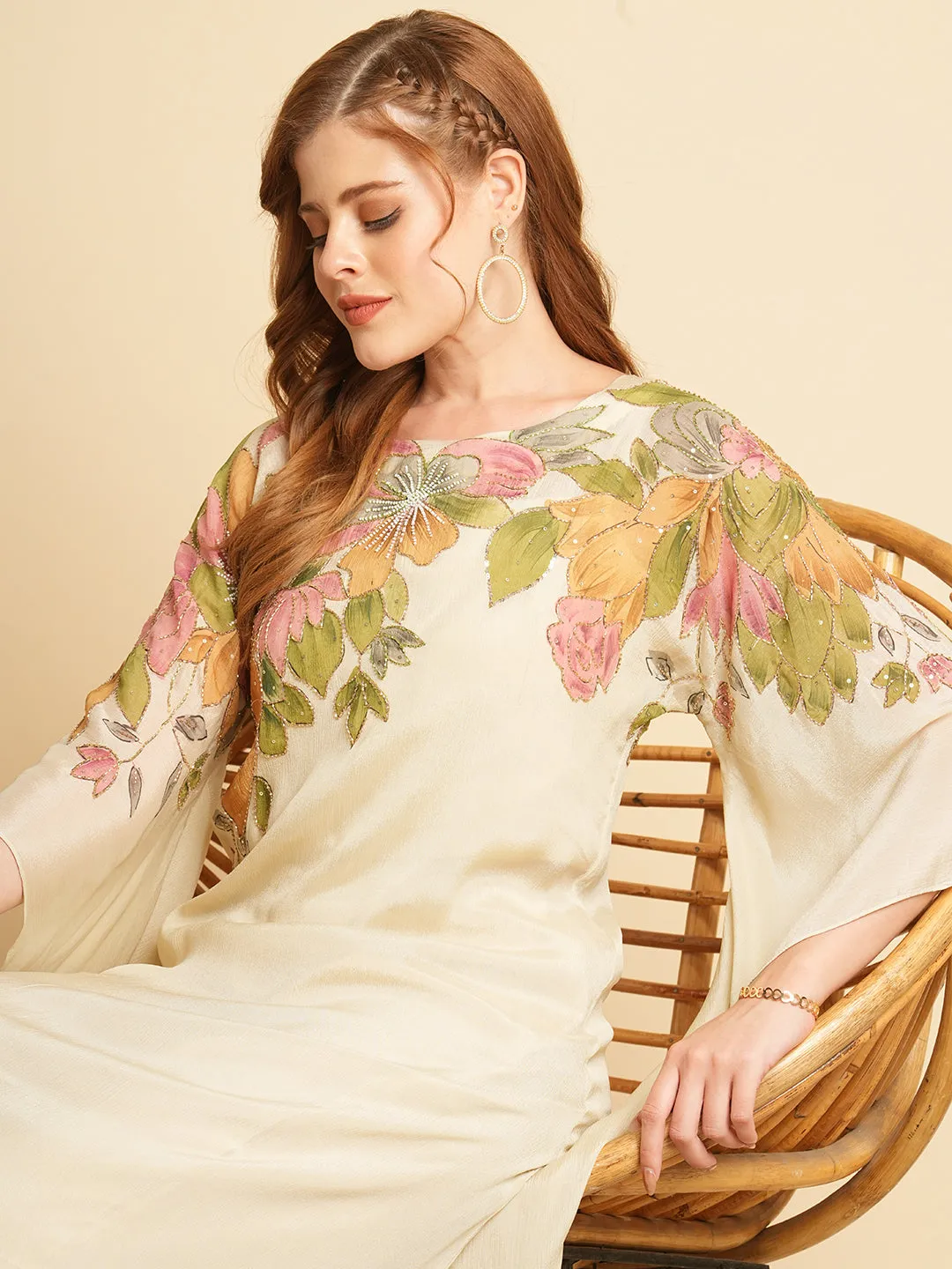 Abstract Floral Printed & Hand Embroidered Long A-Line Kurta with Pant - Cream