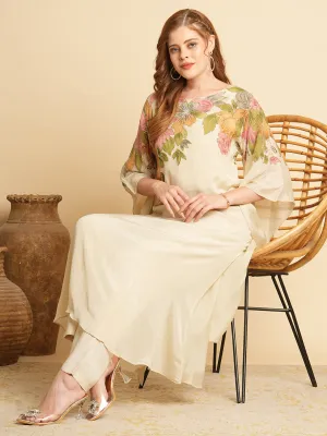 Abstract Floral Printed & Hand Embroidered Long A-Line Kurta with Pant - Cream