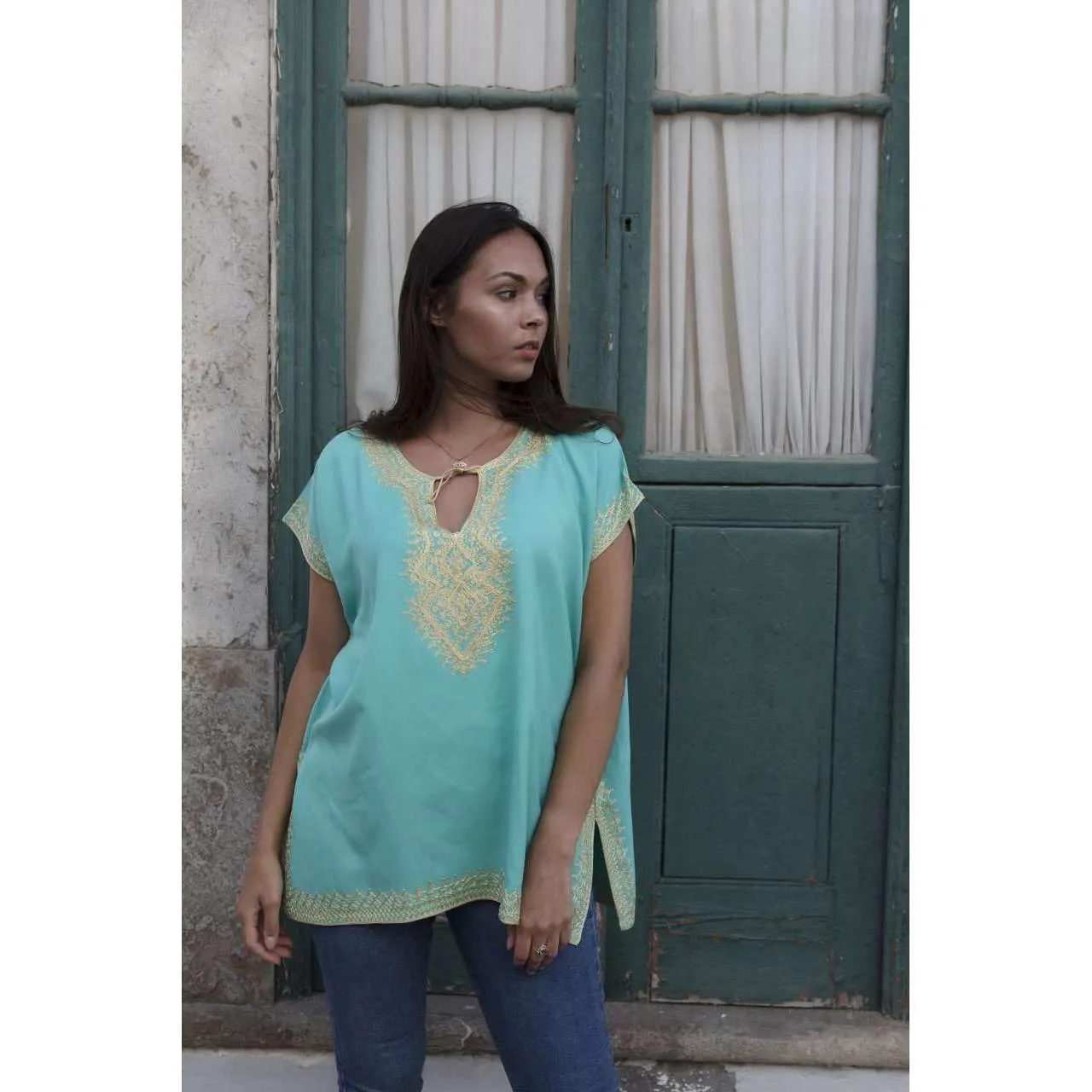 Anabelle Style Emerald Green with Gold Embroidery Tunic-Moroccan Tunic