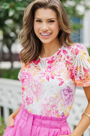 As It Goes Pink Floral Crochet Blouse