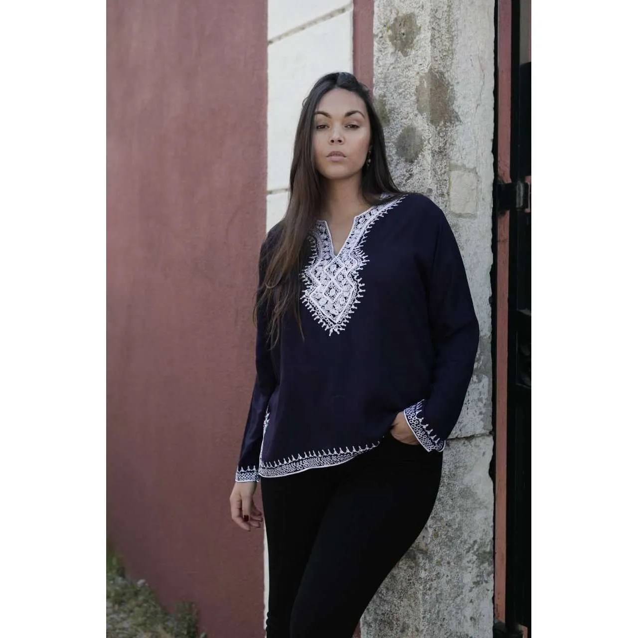 Asmahan Style Navy Blue Embroidery Tunic