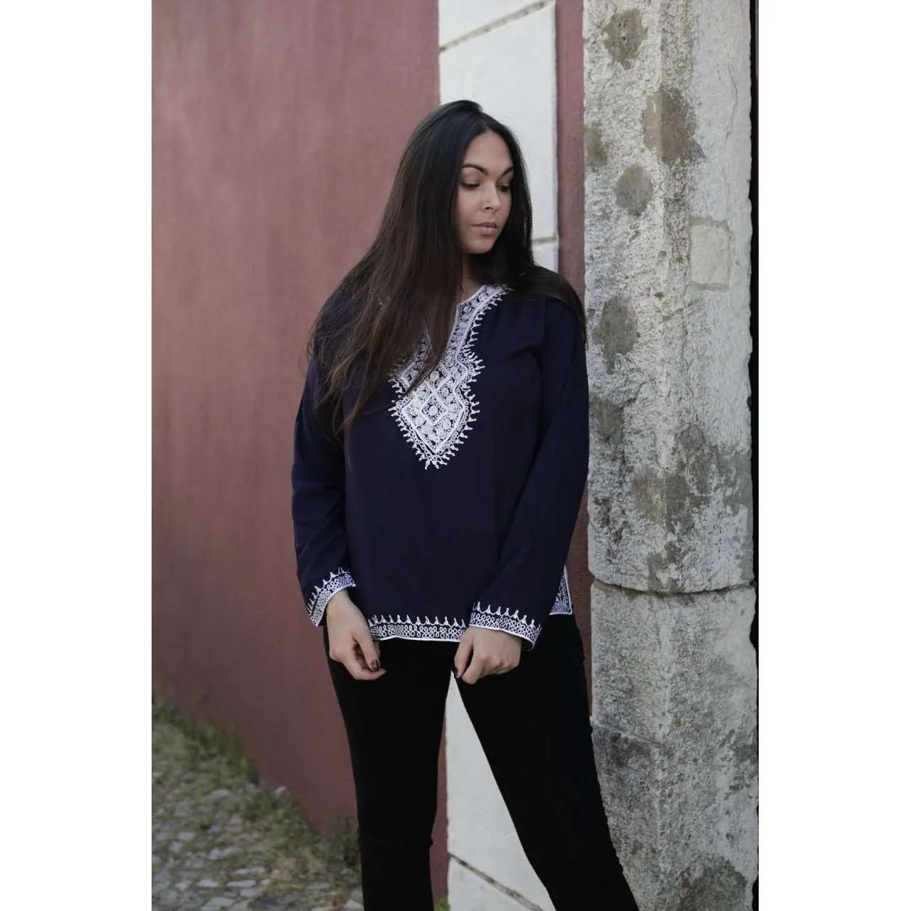 Asmahan Style Navy Blue Embroidery Tunic