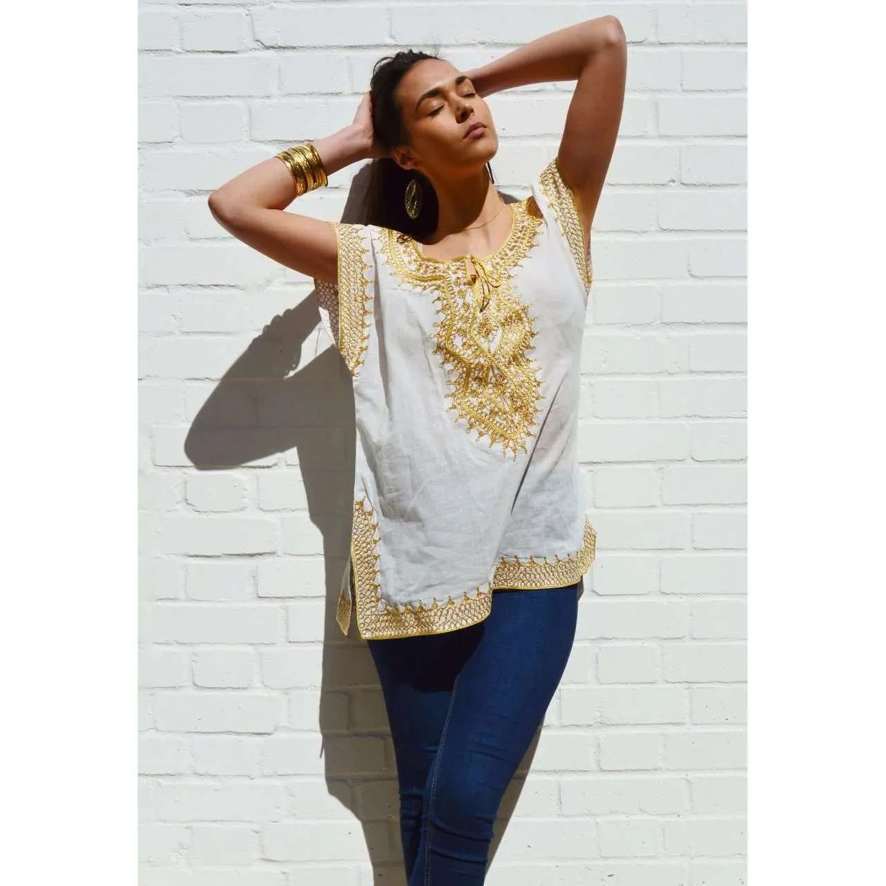 Asmahan Style White with Gold Embroidery Tunic