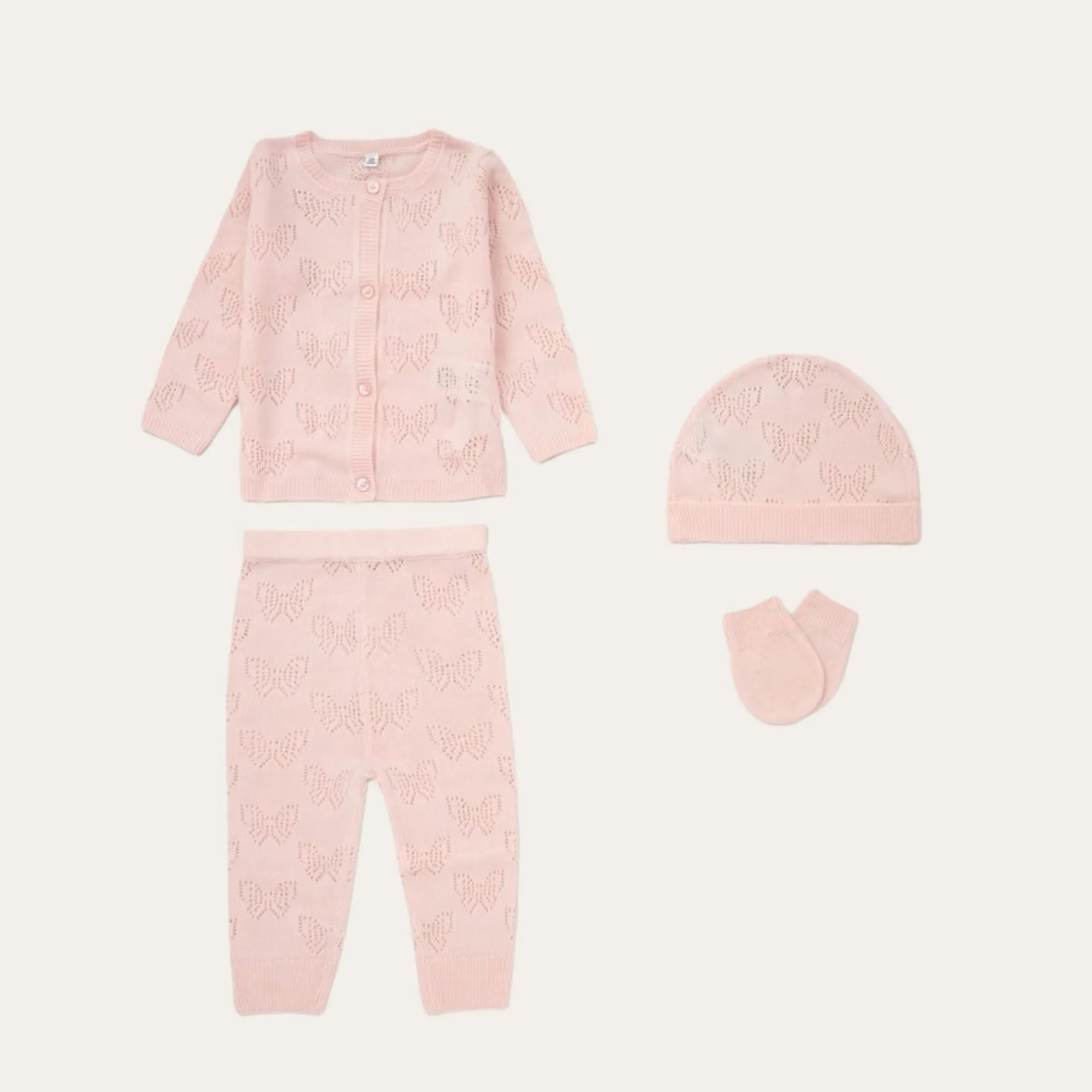 Baby Girls Knitted Butterfly 4 Piece Clothing Outfit Set - Pink