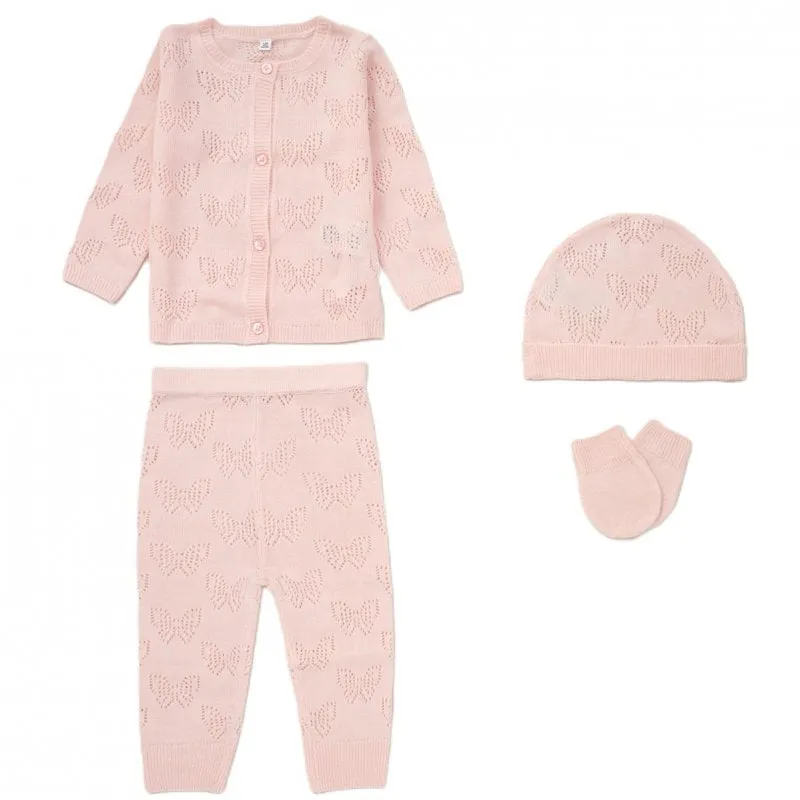 Baby Girls Knitted Butterfly 4 Piece Clothing Outfit Set - Pink