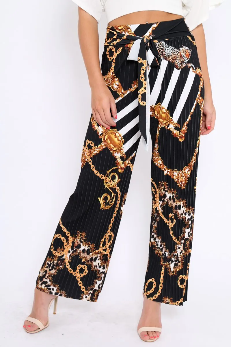 Black Chain Pleated Wide Leg Trousers - Neola