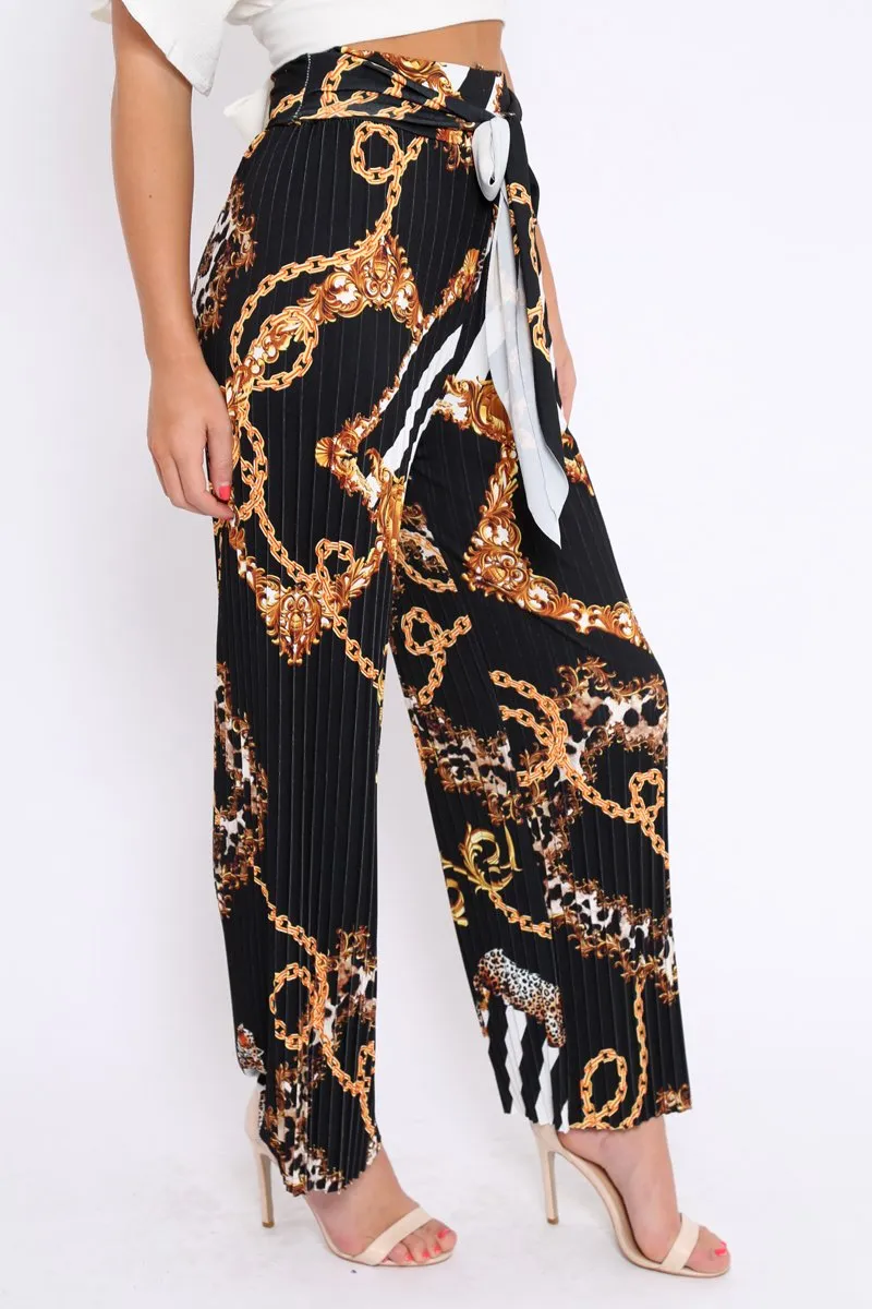 Black Chain Pleated Wide Leg Trousers - Neola