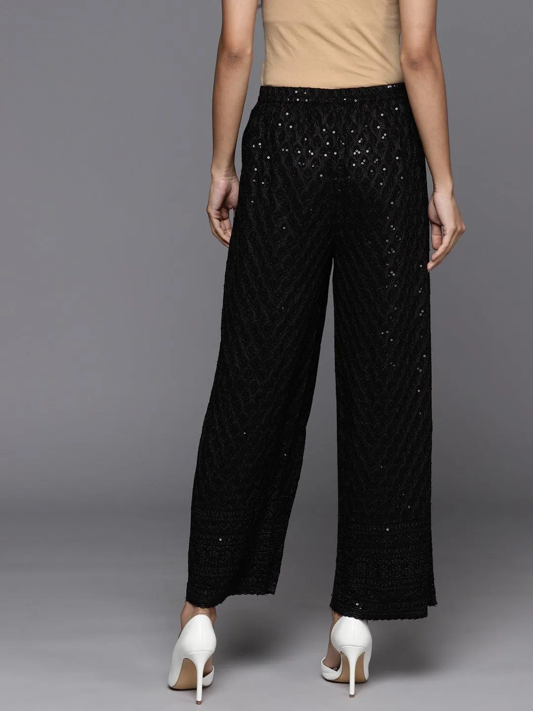 Black Embroidered Rayon Trousers