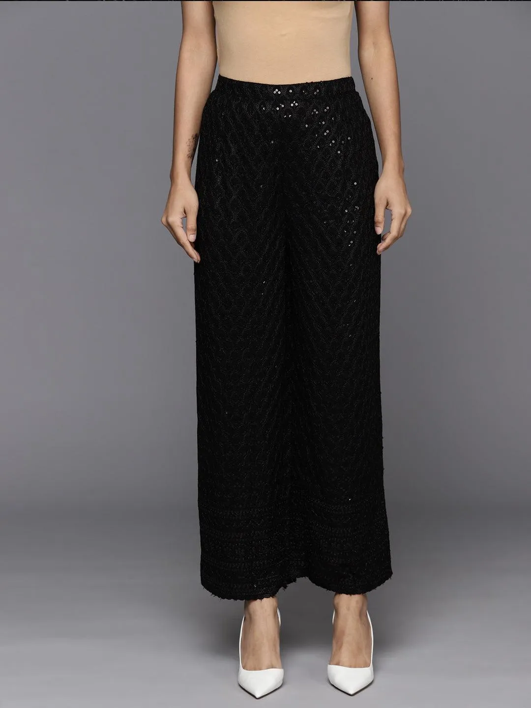 Black Embroidered Rayon Trousers