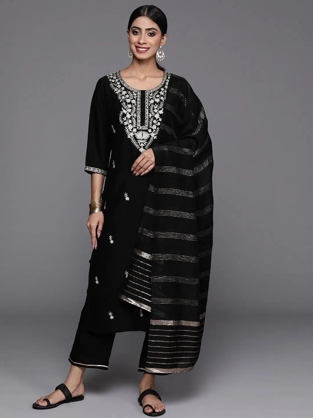 Black Embroidered Silk Blend Straight Kurta With Trousers & Dupatta