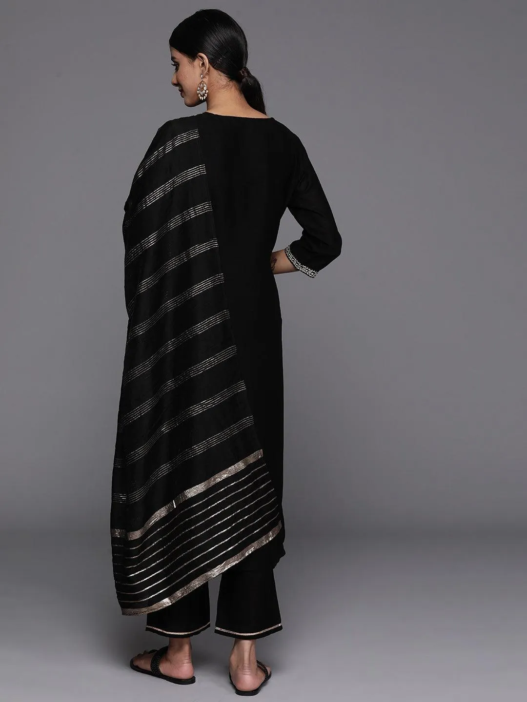 Black Embroidered Silk Blend Straight Kurta With Trousers & Dupatta