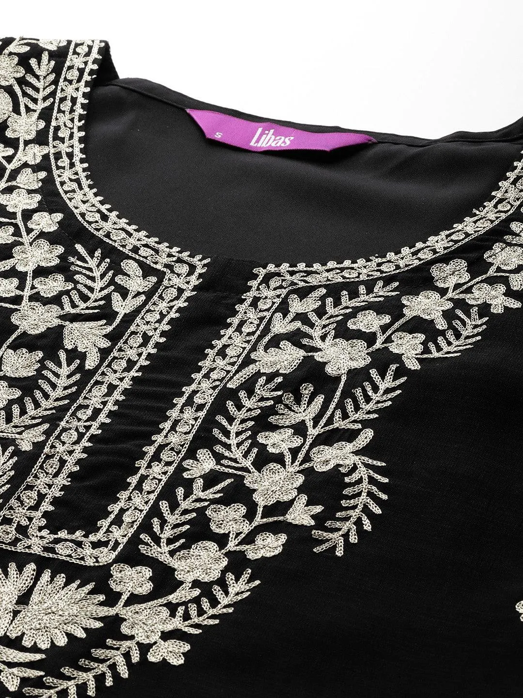 Black Embroidered Silk Blend Straight Kurta With Trousers & Dupatta