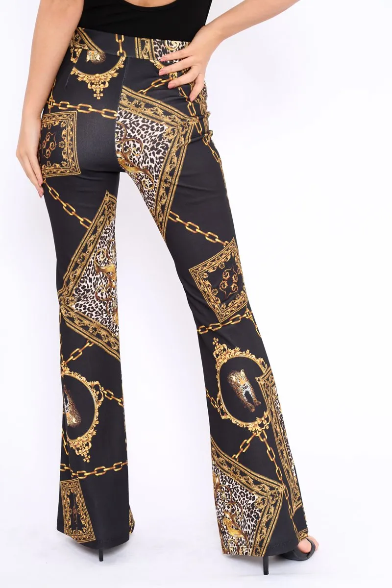 Black Leopard Scarf Print Wide Leg Trousers - Nolia