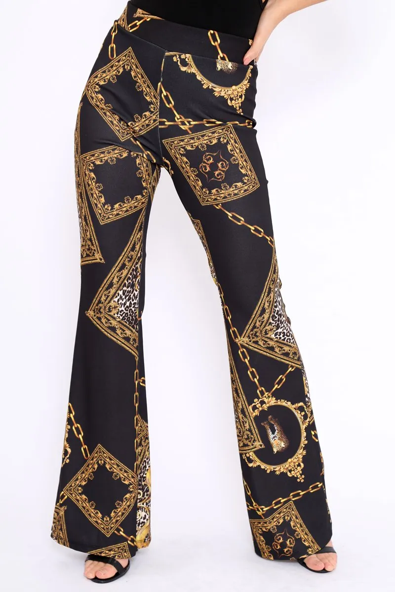 Black Leopard Scarf Print Wide Leg Trousers - Nolia