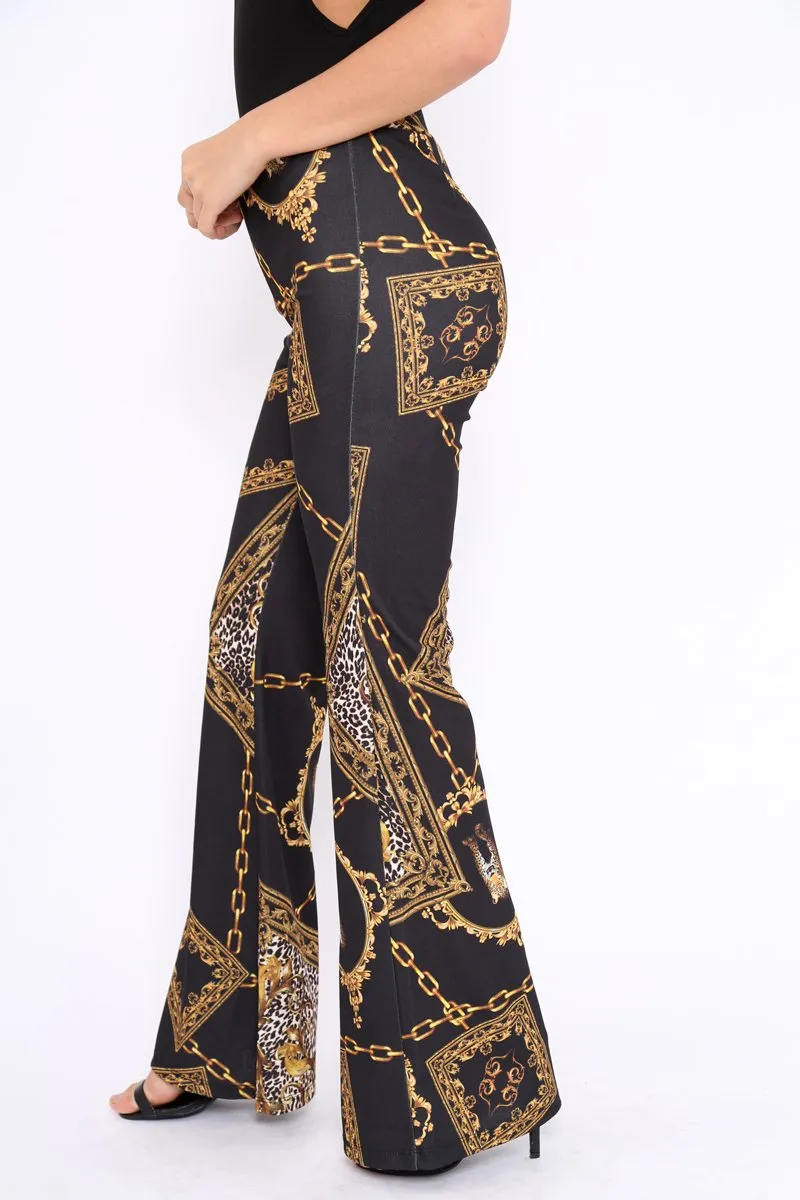 Black Leopard Scarf Print Wide Leg Trousers - Nolia