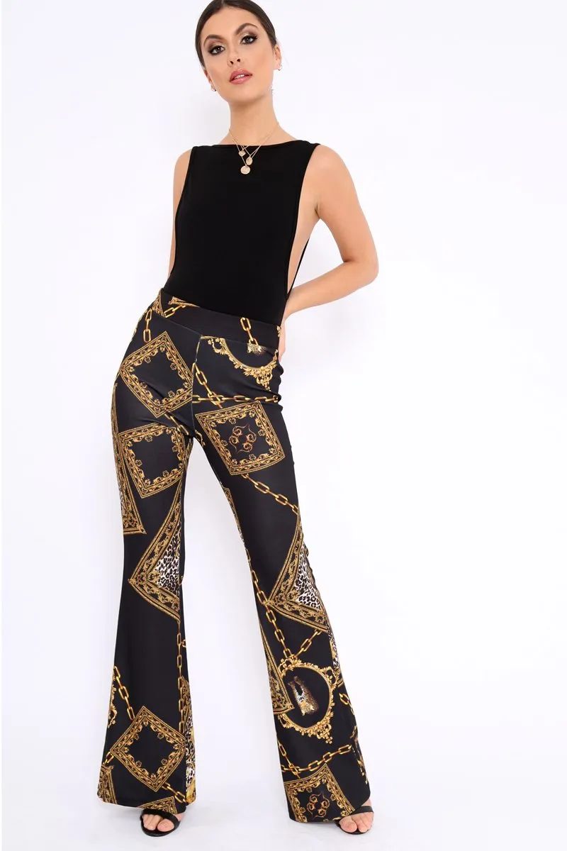 Black Leopard Scarf Print Wide Leg Trousers - Nolia