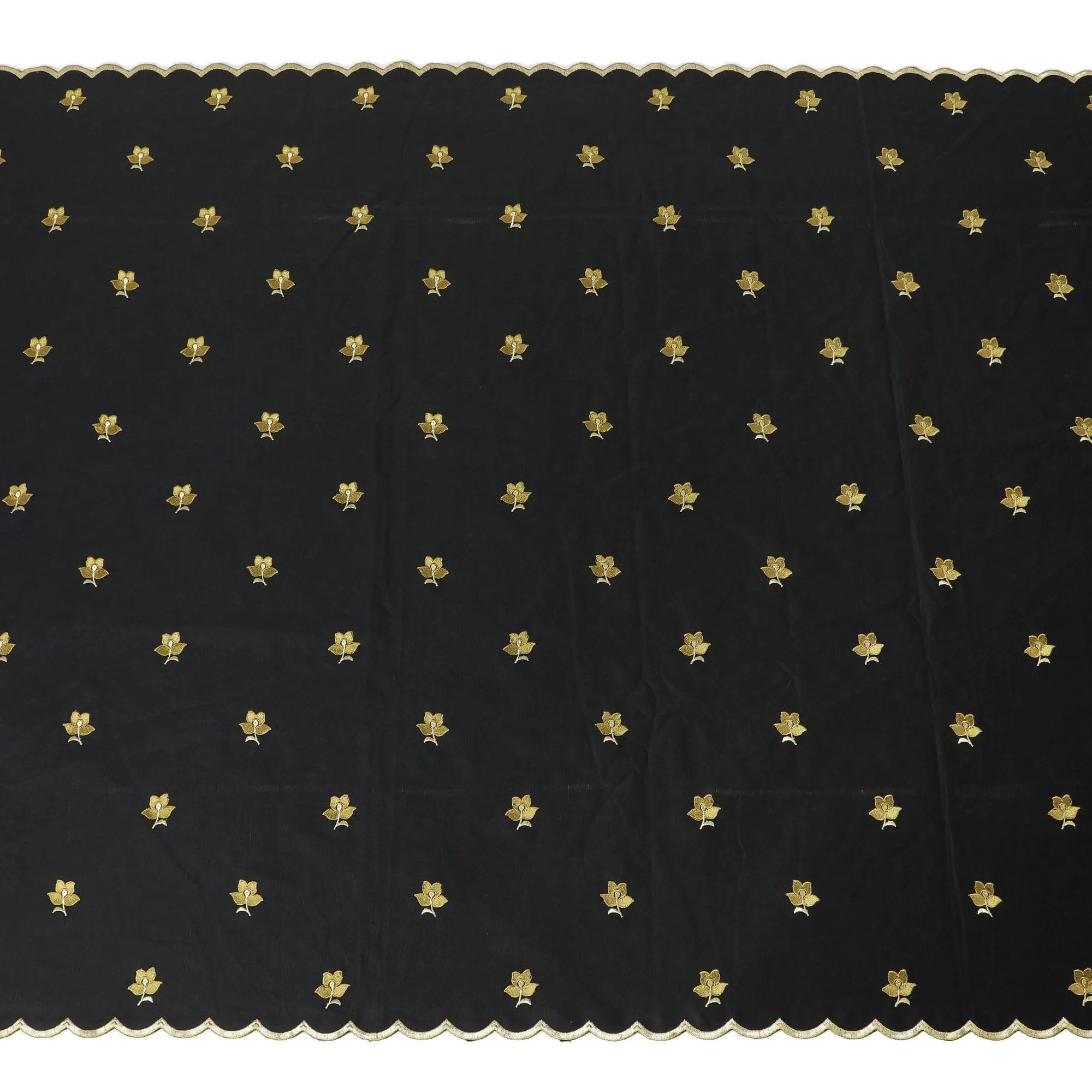 Black linen fabric with gold embroidery in floral design-11218