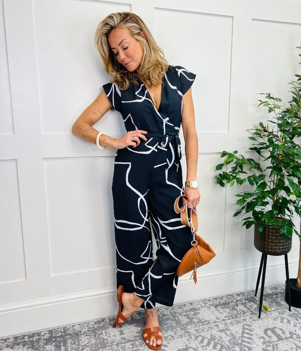 Black Print Wrap Belted Jumpsuit