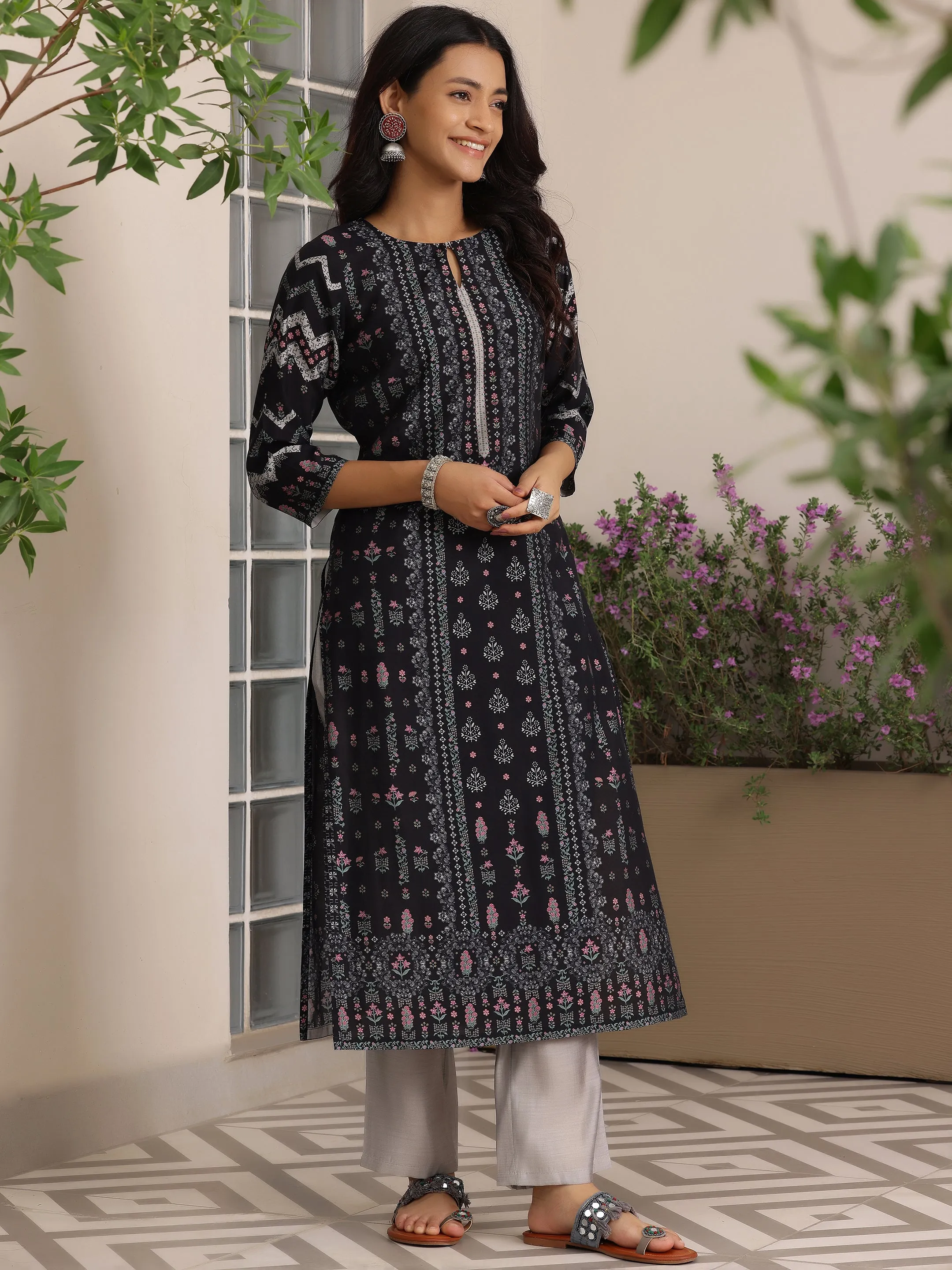 Black Printed Silk Blend Straight Suit With Dupatta