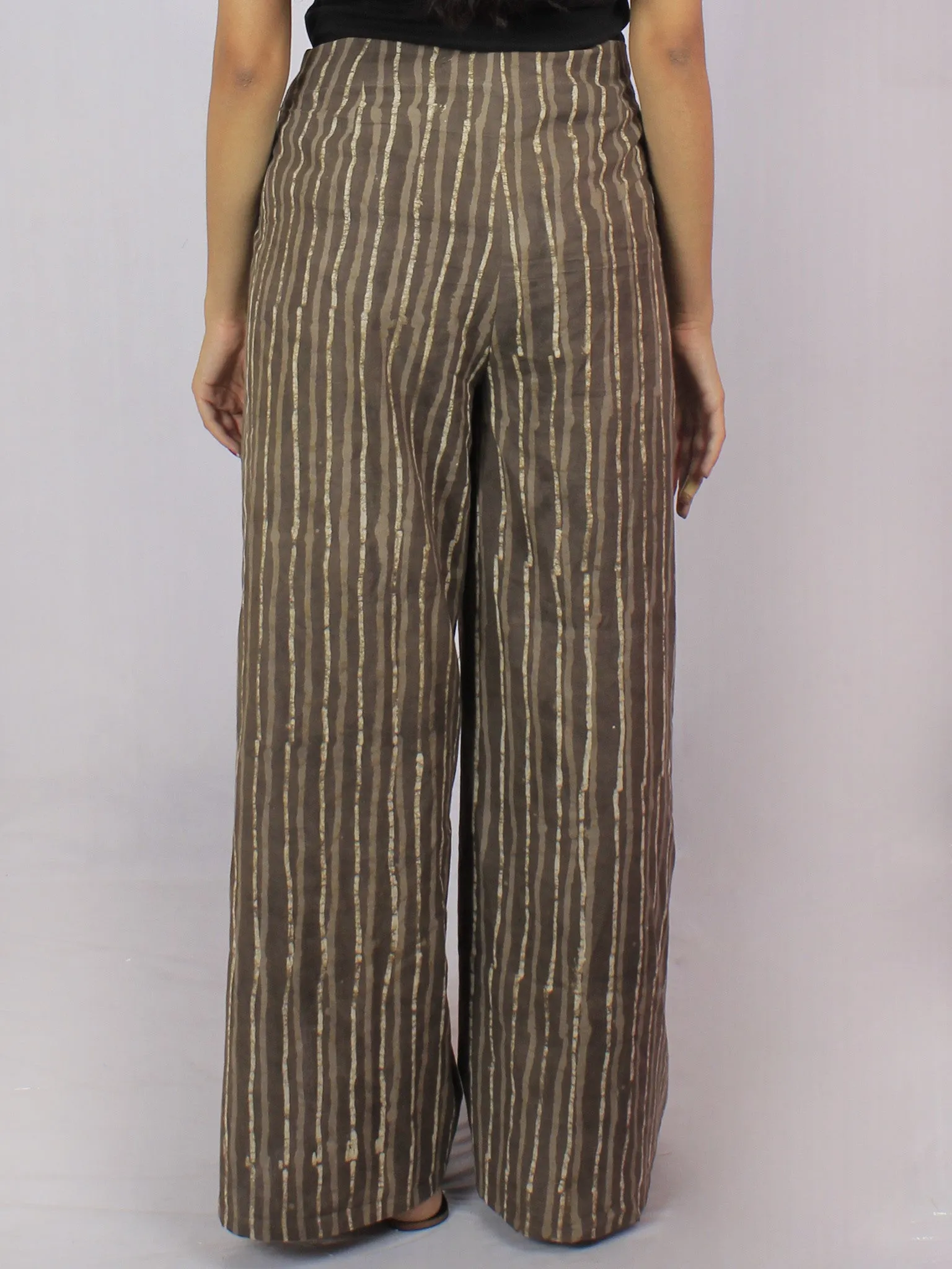 Brown Beige Hand Block Printed Free Size Tie Up Wrap Around Trousers - T0317045