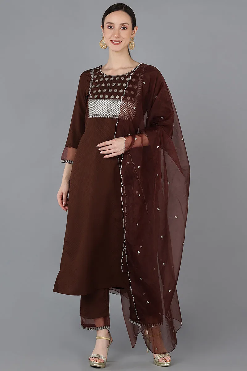 Brown Poly Silk Yoke Design