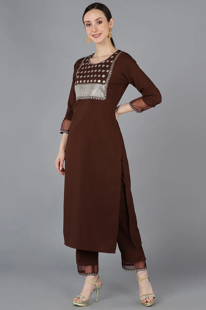 Brown Poly Silk Yoke Design