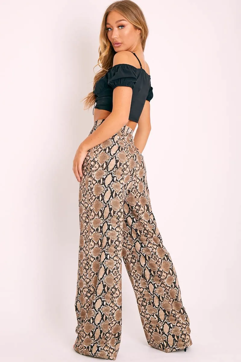 Brown Snake Crepe Wide Leg Trousers - Afifa