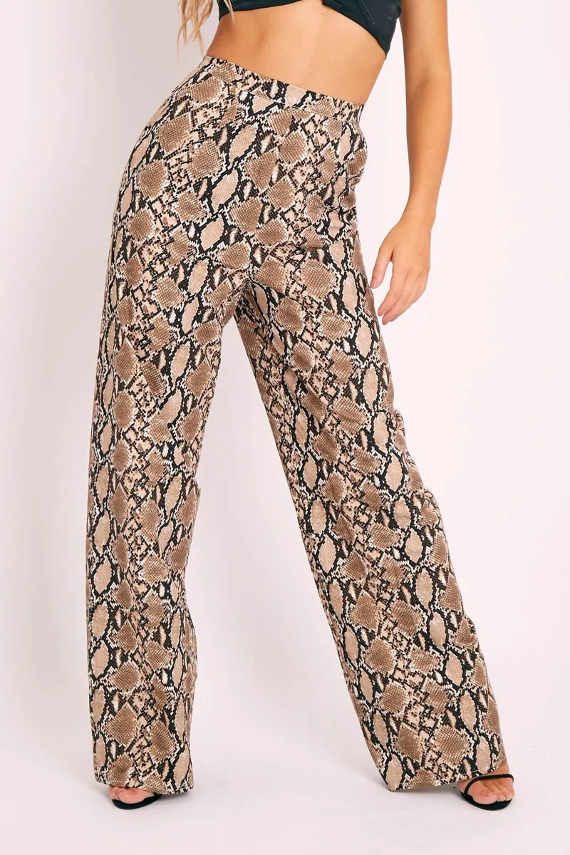 Brown Snake Crepe Wide Leg Trousers - Afifa