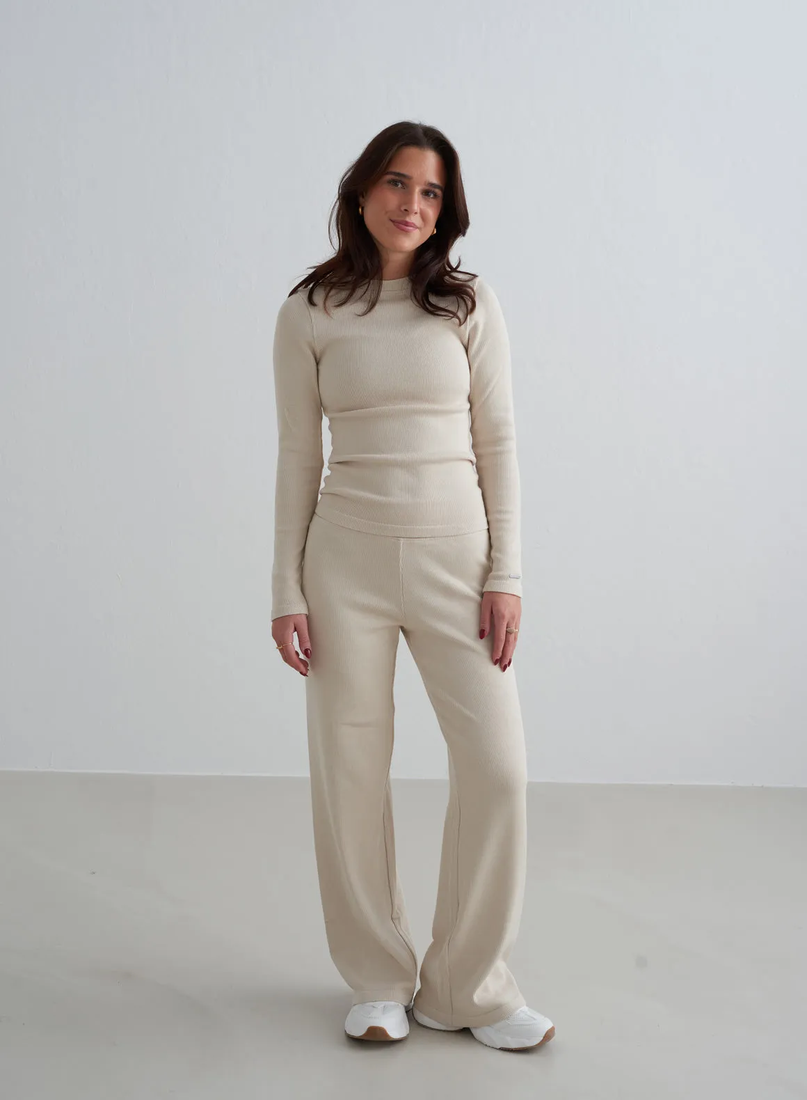 Café Au Lait Ribbed Wool Petite Wide Pants