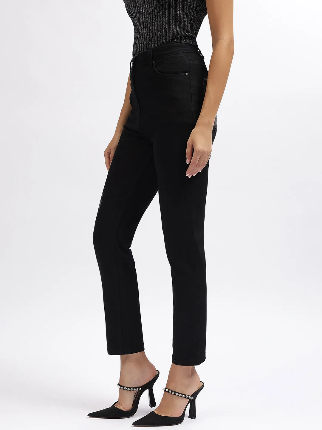 Centre Stage Women Black Embellished Slim Straight Jeans