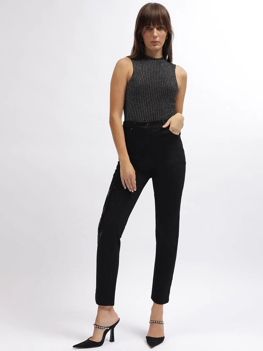 Centre Stage Women Black Embellished Slim Straight Jeans