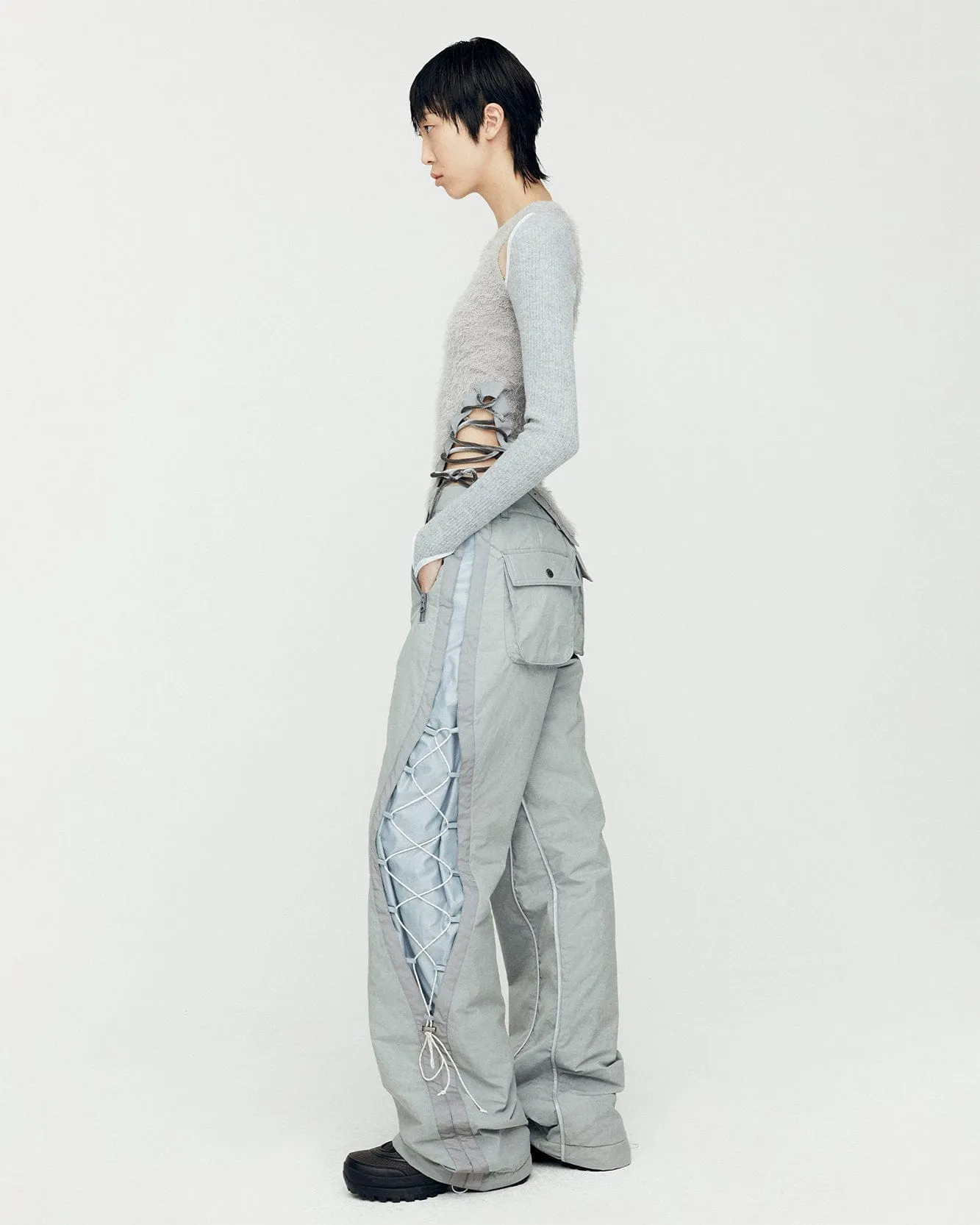 CRACK PADDED LACE-UP WIDE PANTS apa770w(GREY)