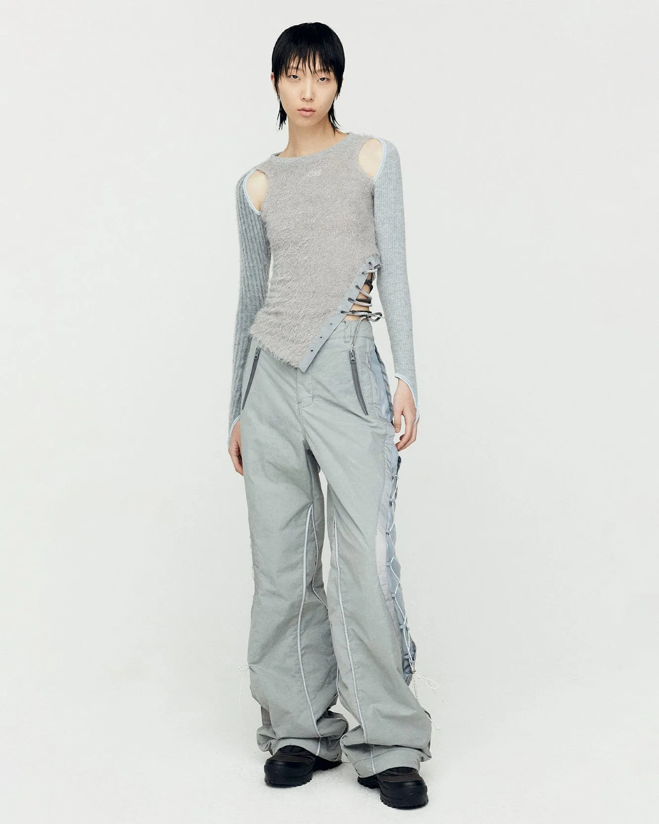 CRACK PADDED LACE-UP WIDE PANTS apa770w(GREY)