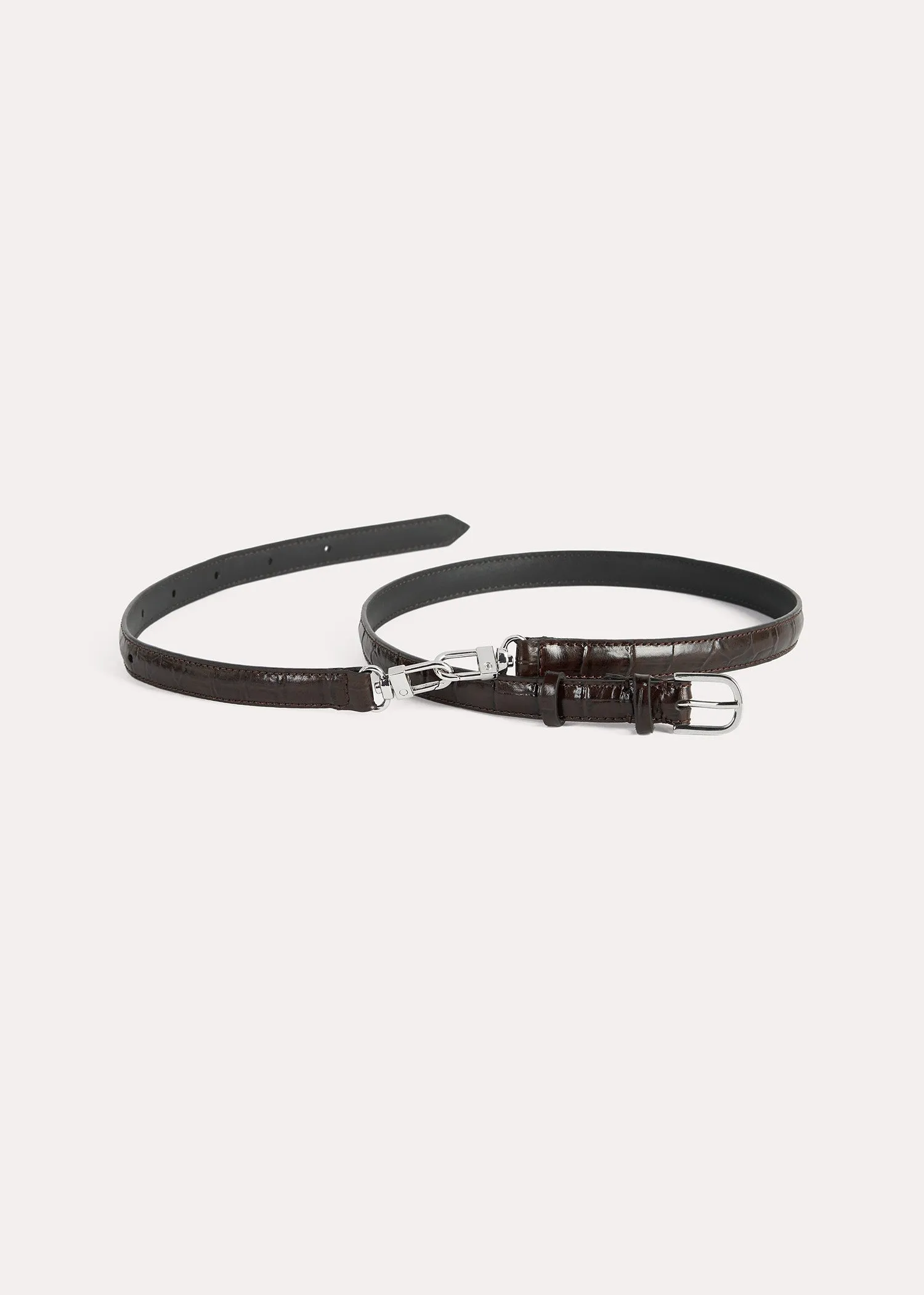 Double clasp leather belt dark brown croco