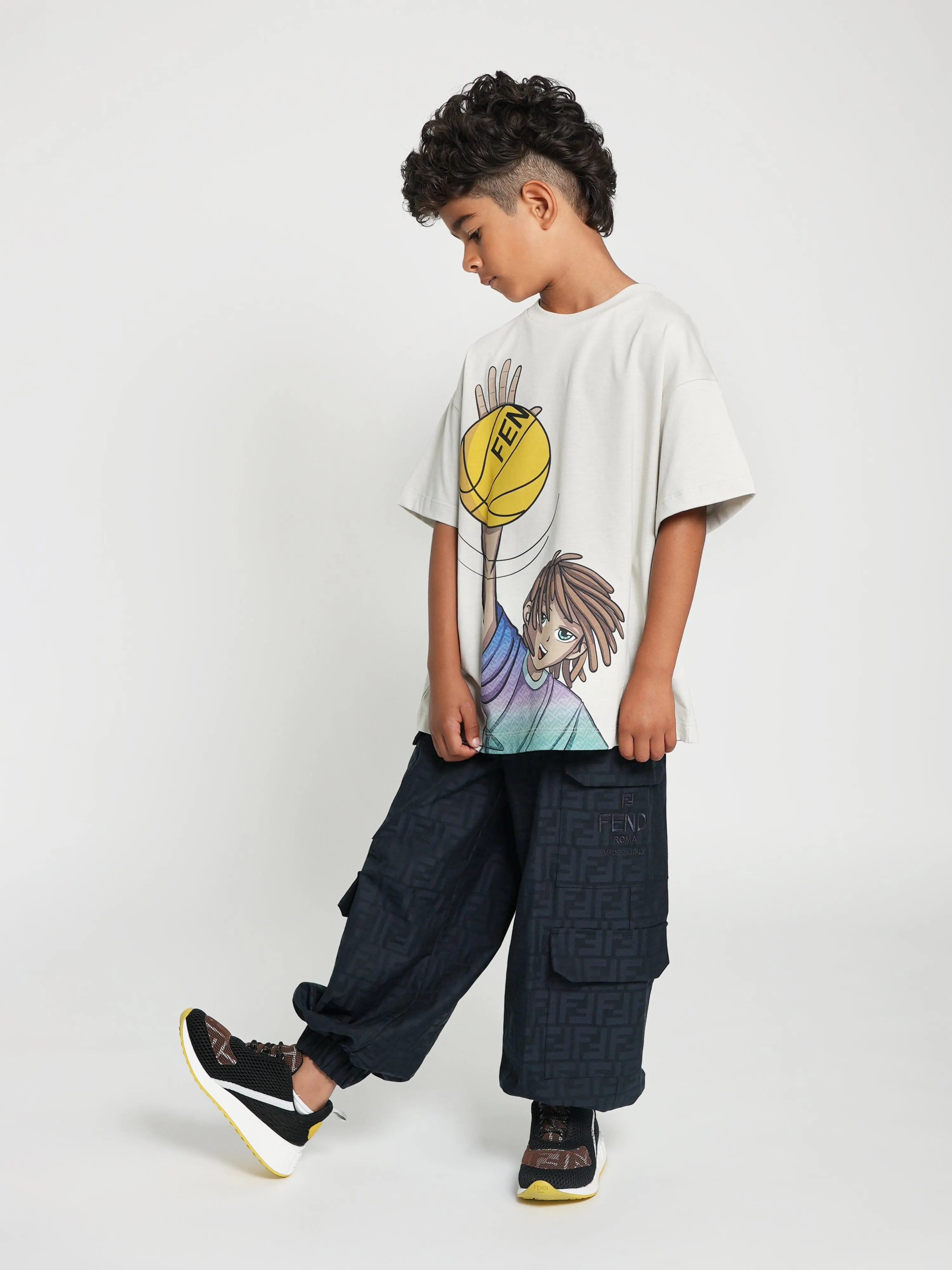 Fendi Kids FF Jacquard Cargo Trousers in Navy