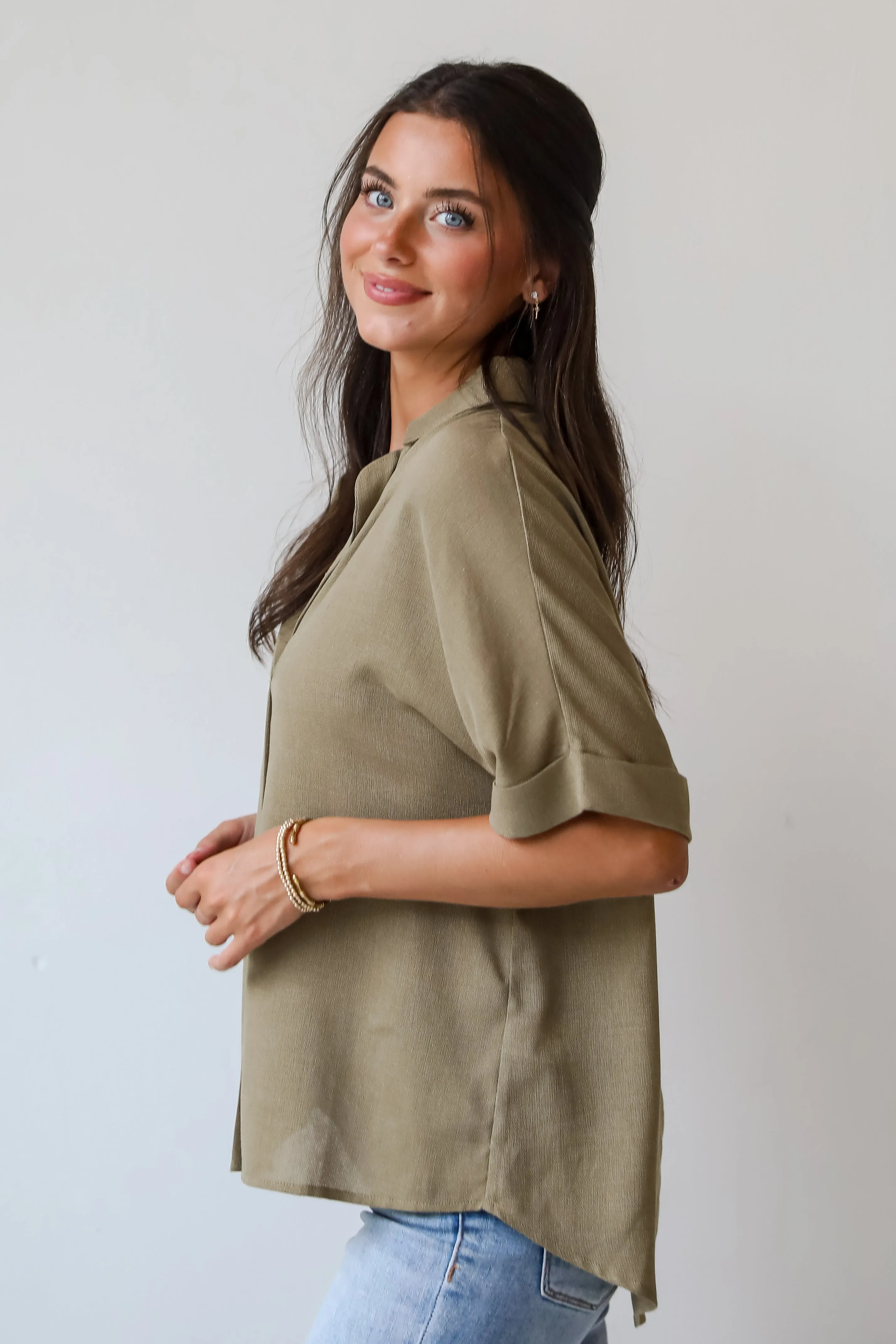 FINAL SALE - Breezy Fascination Olive Blouse - DU DEAL