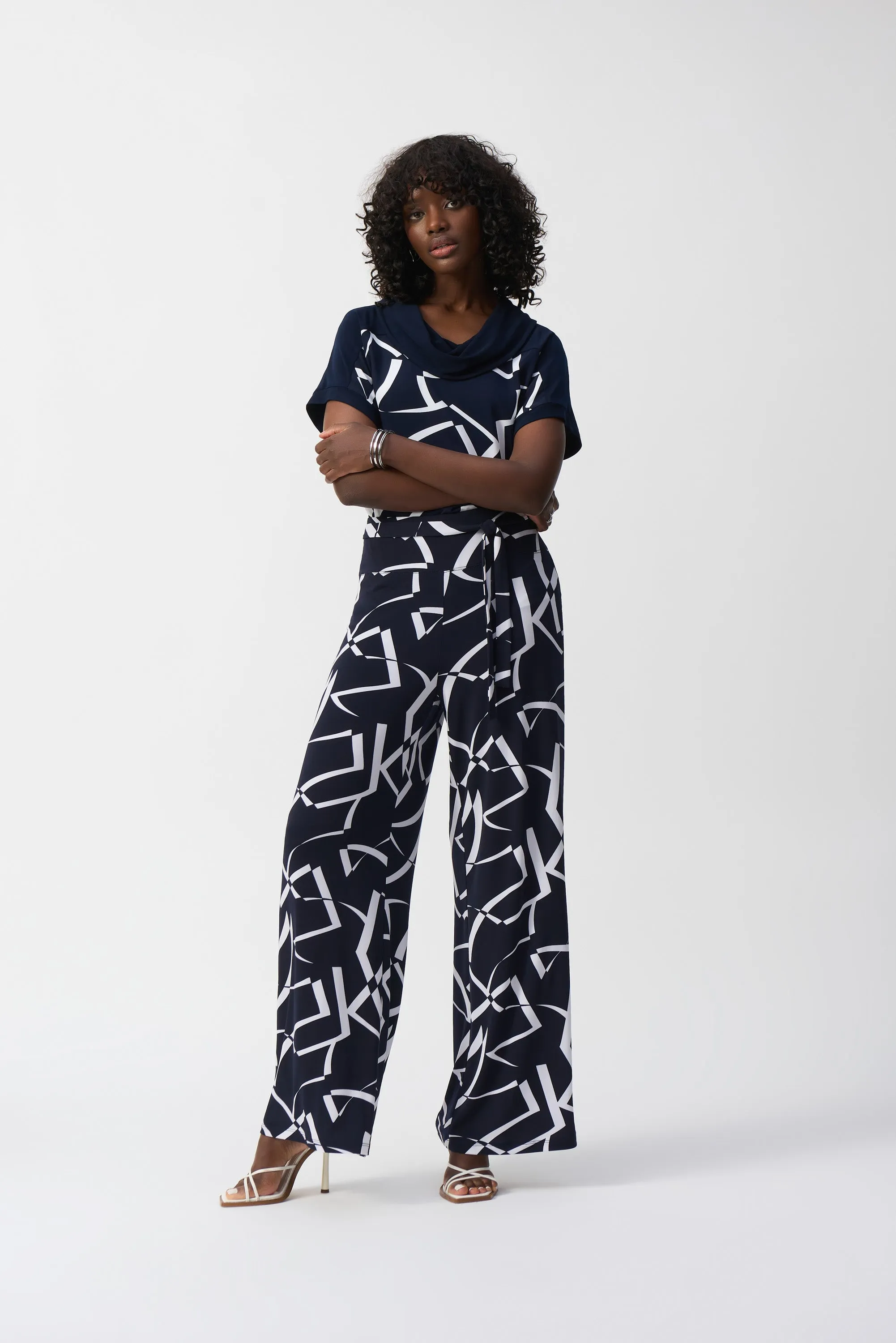 Geometric Print Wide Leg Navy/White Jersey Trousers <span>251216<span>