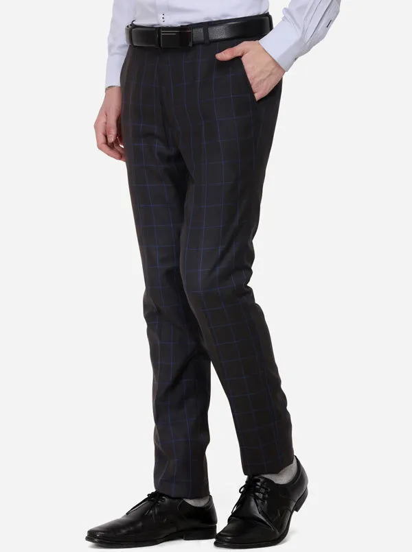 Grey & Navy Blue Checked Super Slim Fit Formal Trouser | JadeBlue