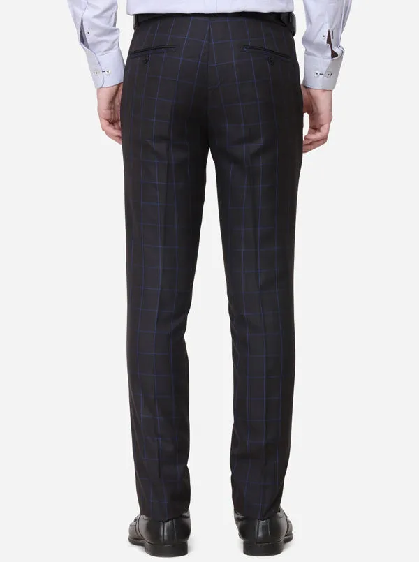 Grey & Navy Blue Checked Super Slim Fit Formal Trouser | JadeBlue