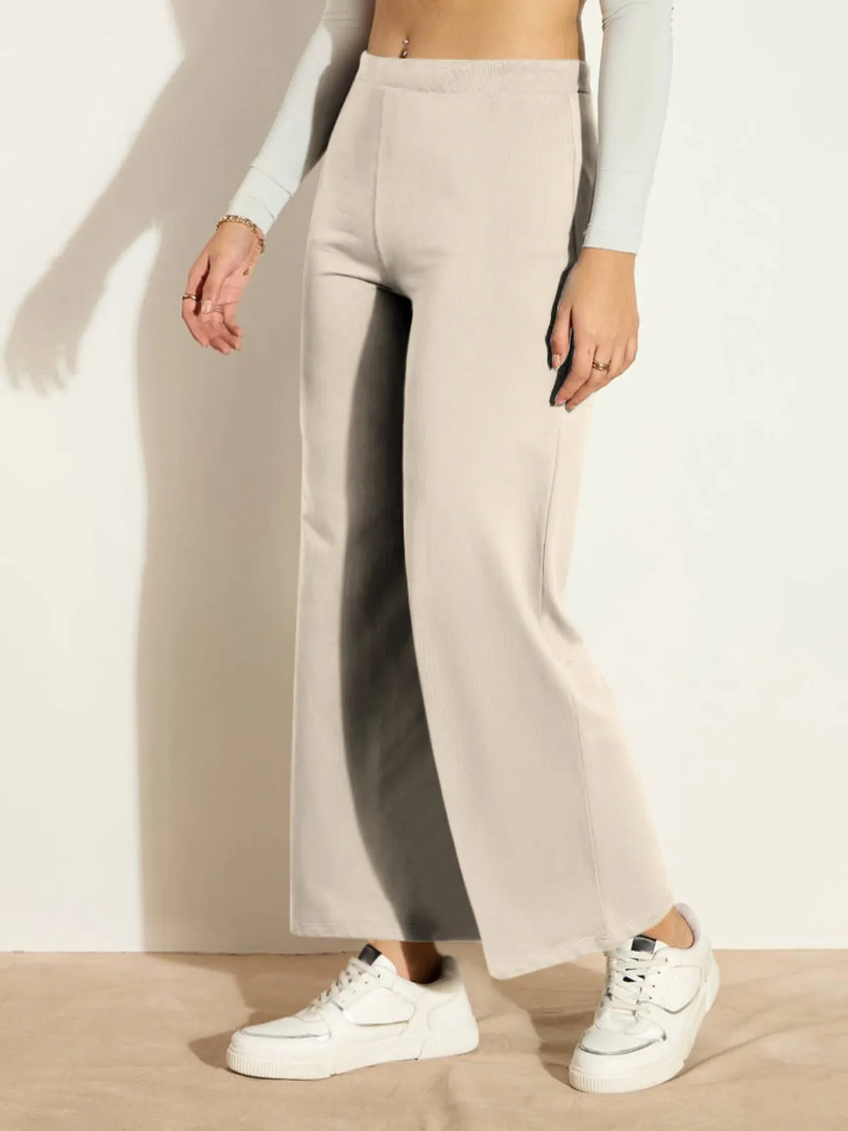 HELLCAT Trendy Beige Trousers for Women | Women Trouser Pants | Korean Trousers for Women | Palazzo for Women | Baggy Fit Trousers | Bell Bottom Trousers