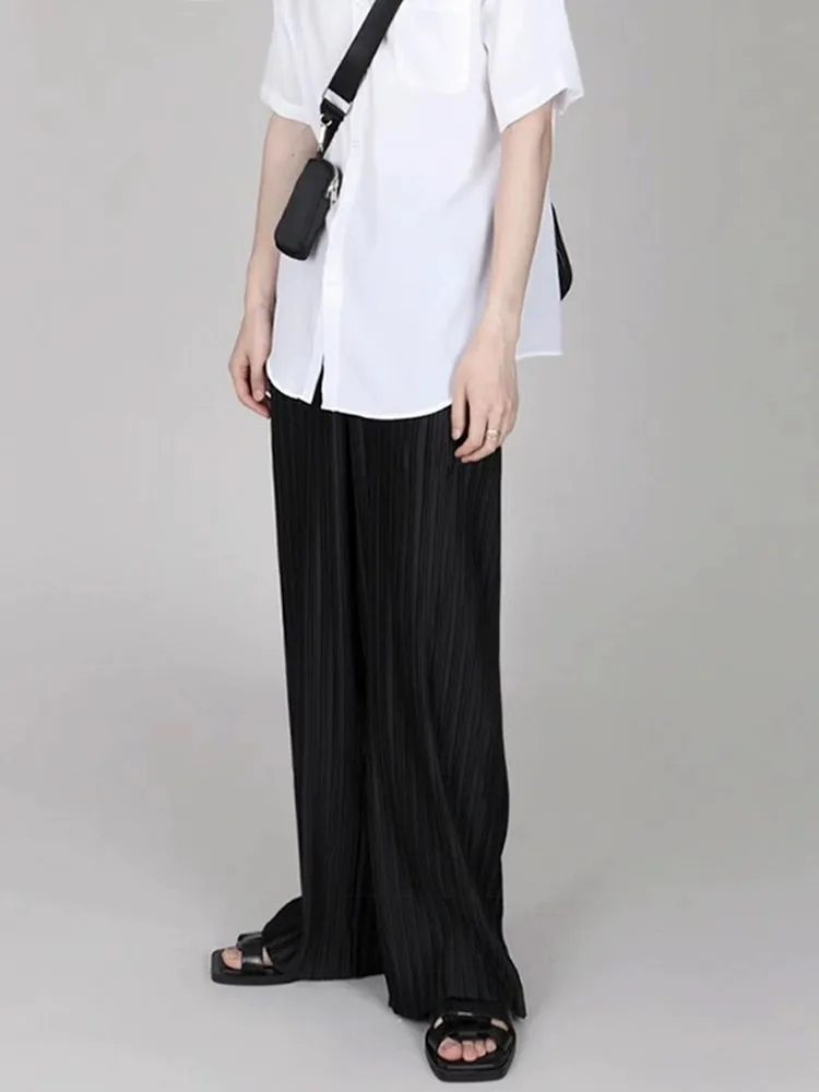 Ice Silk Casual Pleated Wide-Leg Pants With Draped Floor-Length Design