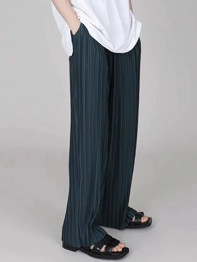 Ice Silk Casual Pleated Wide-Leg Pants With Draped Floor-Length Design