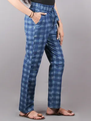 Indigo check Hand Block Printed Elasticated Waist Trousers- T0317033