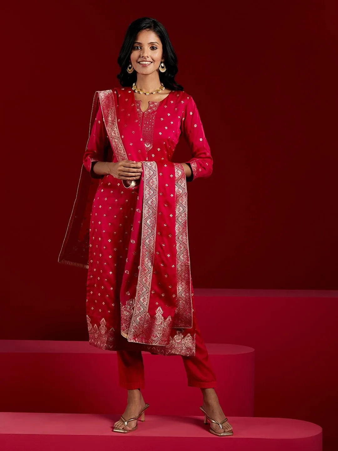 Jashvi Art Pink Woven Design Silk Straight Suit With Dupatta