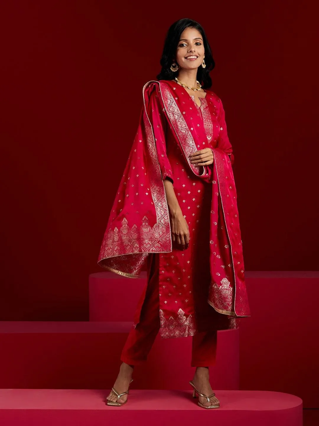 Jashvi Art Pink Woven Design Silk Straight Suit With Dupatta