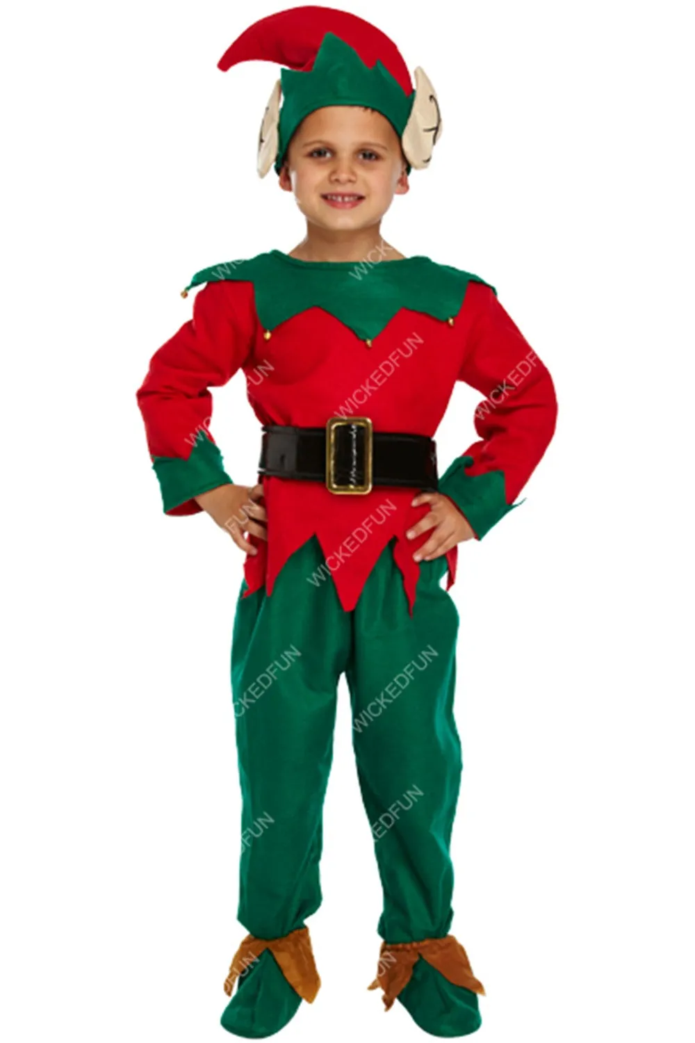 Kids Elf Costume with Green Trousers, Elf Hat, Attached Ears, Belt & Boots - Christmas Fancy Dress Outfit for Boys & Girls