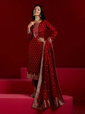 Libas Art Maroon Woven Design Silk Straight Suit With Dupatta