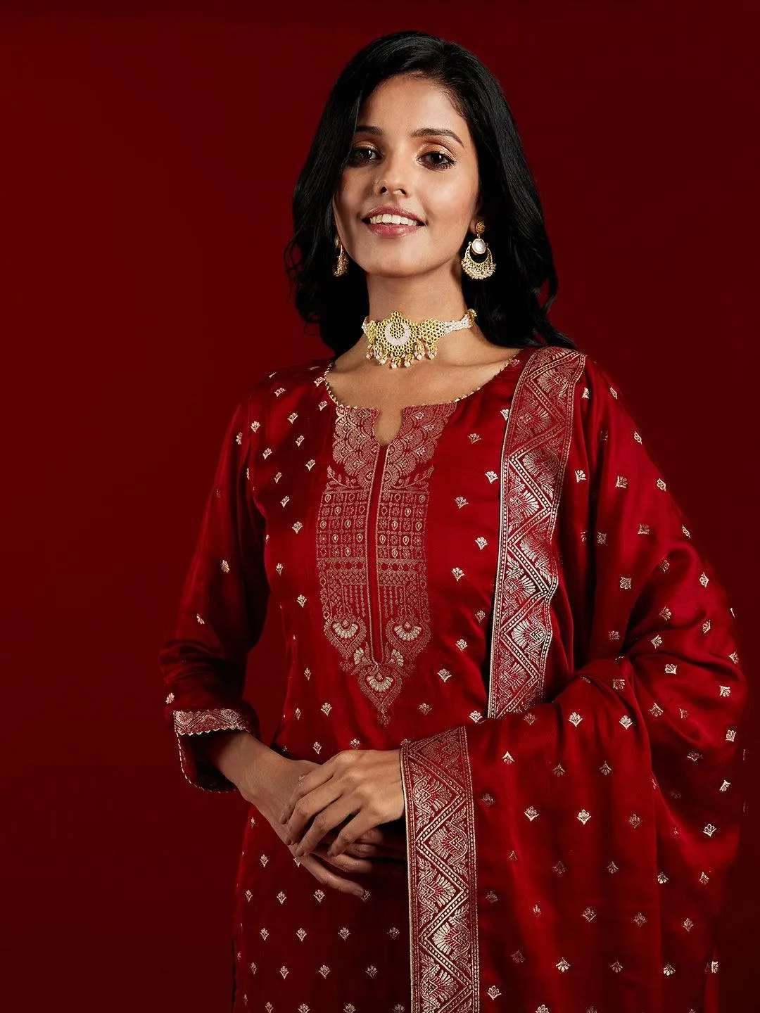 Libas Art Maroon Woven Design Silk Straight Suit With Dupatta